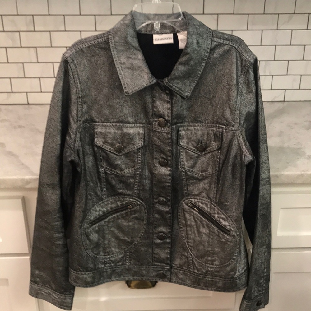 Chicos Jacket Womens Chico Size 1 Gray Metallic Moto Boho Trucker Coat‎ Silver